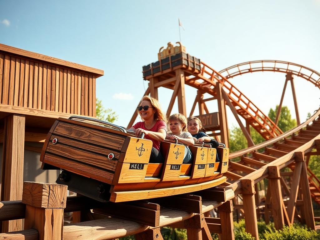 Houten familieachtbaan met blije kinderen